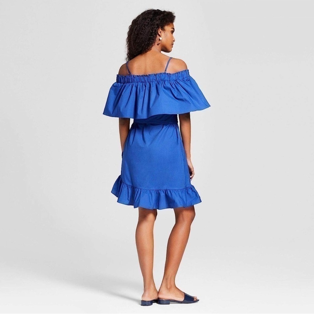 Who What Wear Bardot Ruffled Off the Shoulder Mini Dress Blue Size Small - Picture 2 of 15